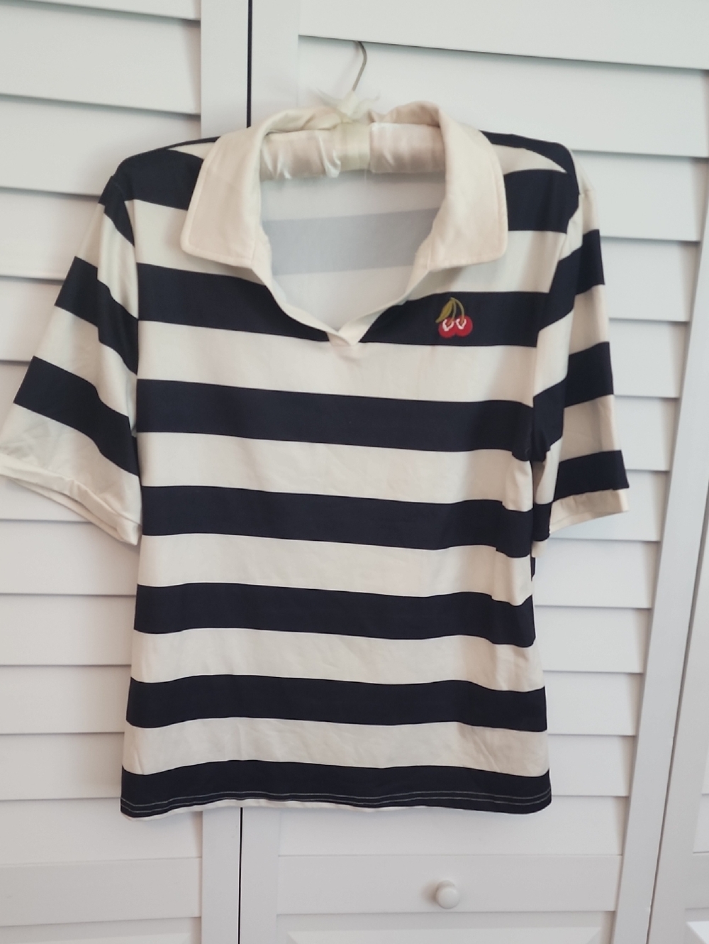 Striped Black and White Polo Top with Cherry Embroidery